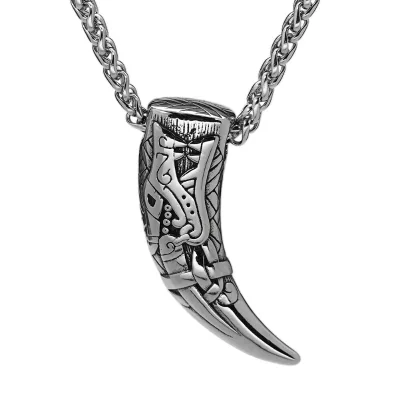 Vintage Wolf Tooth Stainless Steel Fan Pendant Necklace Nordic Viking Tooth Pendant Necklace for Men
