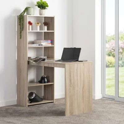 144.5cm High Built in Bookcase 5 Shelves Oak Grain Sled Base for Bedroom Study Book Storage Use Computer Table Desk