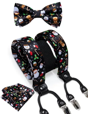 Christmas Mens Elastic Suspenders Adjustable Black Bowtie Cufflinks Set Christmas Tree Santa Y Back Braces Wide Strap Metal Clip