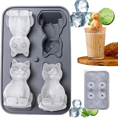 Cute 3D Cat Silicone Ice Cube Tray Mold BPA-Free Cartoon Animal Ice Box
