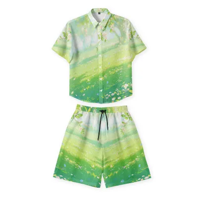 Cartoon Jacquard Striped Short-sleeved Shirt and Shorts Set Men's Fashion Trend High Quality Custom Summer 2pcs Set