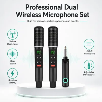 Wireless Condenser Microphone for Karaoke Singing and Live Streaming Professional Dual Cordless Mic System