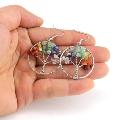 Handmade Tree of Life Earrings Natural Crystal Stone 11 Colors Amethyst Rose Quartz Citrine Gemstone Crystal Earrings