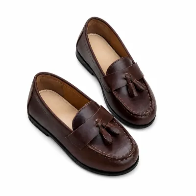 Girls Classic Tassel Mary Jane Shoes Brown Leather Slip on Loafers Casual Uniform Dress Flat Shoes for Little Kids