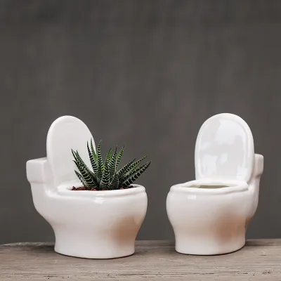Creative Gardening White Ceramic Succulent Flower Pot, Toilet Shape Green Plant Ceramic Flower Pot