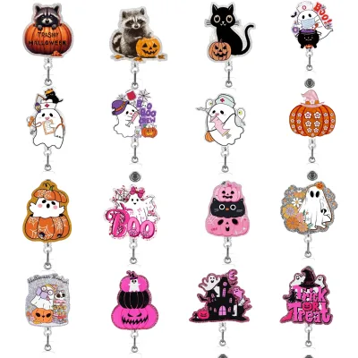 Custom Halloween Design for Nurses Women Girls Glitter Acrylic Medical ID Holder Retractable with Breakaway Clip