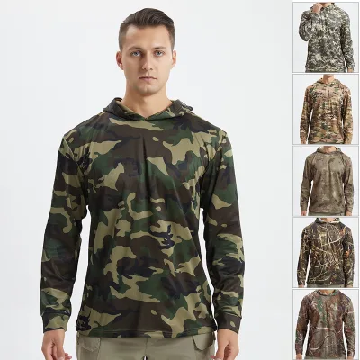 Camouflage Long Sleeve Hunting Tshirt Men Outdoor Camouflage Long Sleeve Hat T-shirt Hooded Sport Long Sleeve T-shirt