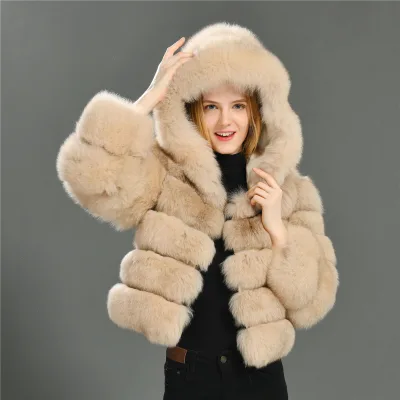 Ladies Fashion Winter Warm Thick Fox Fur Jacket Removable Hat Wholesale Luxury Hooded Winter Natural Fox Fur Short Coat Women