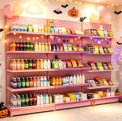 Purple Iron Perforated Backboard Retail Display Shelving Multi Tier Supermarket Gondola Rack Wire Baskets Snack Candy Shop