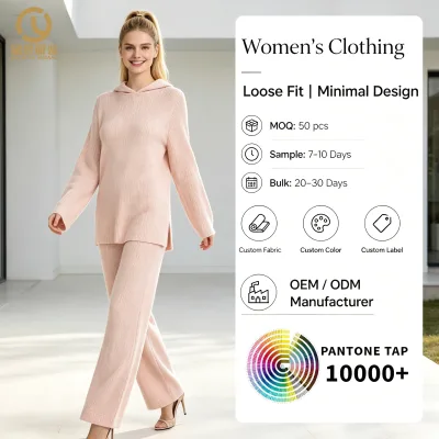 Custom Hot Selling Winter Casual Women 100 Percent Cotton Ribbed Knit Hooded Long Sleeve Flared Sleeve Slim Fit Two Piece Set