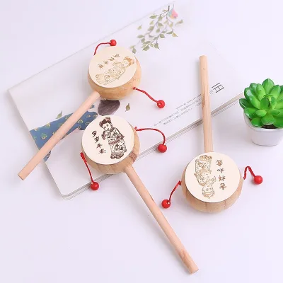 Auspicious Wooden Wave Drum, Large Wooden Drum, Hand-cranked Drum