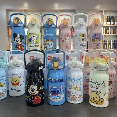 Large Capacity Cartoon Cross-Mirror Thermos Cup for Children High-Value Portable Straw Bottle for Outdoor Sports Travel
