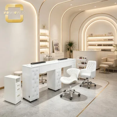 Double Manicure Table with Tufted PU Side Panels and Built in Drawer Storage for Professional Nail Salon