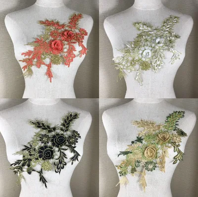 Wholesales Aplikasibordir Antique Gold Beaded Lace Applique Beaded and Sequined Applique. Comes in Pairs. Edgard