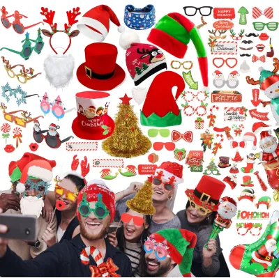 Merry Christmas Party Glasses Santa Claus Hats Caps Beard Headbands Inflatable Foil Balloons Photo Props Booth Accessories Favor