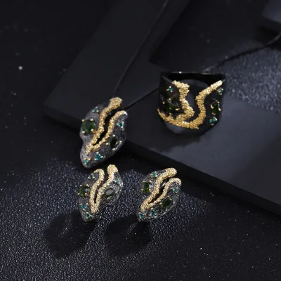 Abiding Trendy Designer Style Yellow Flower Cluster Decoration 2 Tone Plated 925 Silver Chrome Diopside 3 Pieces Jewelry Set