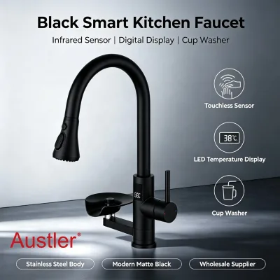 Modern 1 Handle Deck Mounted 304 Stainless Steel Glass Rinser Kitchen Faucet Pull-Out Spray Anti-Splash Design Ceramic