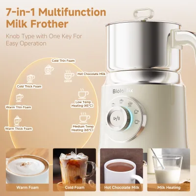 BioloMix 600W Electric Milk Frother 1.2L Large Capacity 7 Modes Hot/Cold Milk Foam Maker, Magnetic Whisk, Stainless Steel Jug