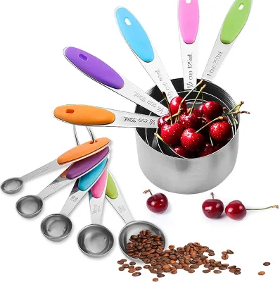 Stainless Steel Measuring Cups and Spoons Set With Colored Soft Silicone Handles for Kitchen Baking Coffee Tea Cooking