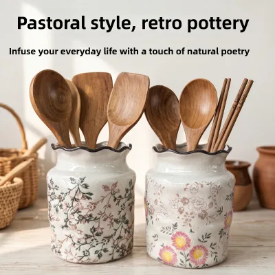 Underglaze Retro Multi-Purpose Chopstick Holder Ceramic Storage Jar for Knives Forks Spoons Flower Arrangement Planting