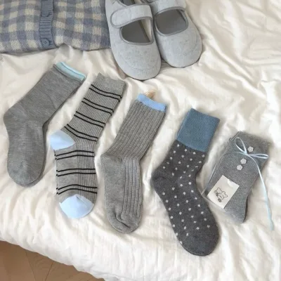 Versatile Women's Socks Easy Mid Length Socks Gray Blue Color Blocked Polka Dot Stripes for and Stacking Socks