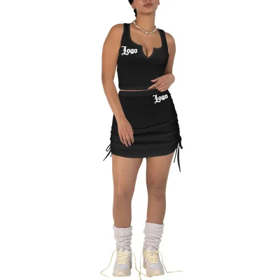 Custom Logo Women Knitted Two Piece Skirt Set Casual Tank Top and Drawstring Pleated Skirt Set