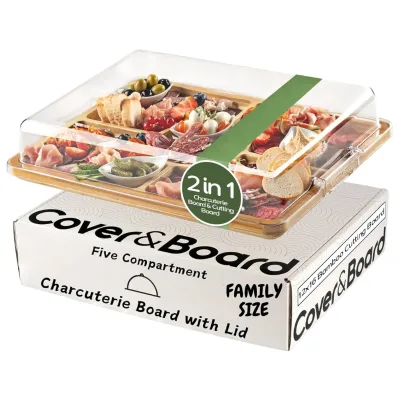 2-in-1 Charcuterie Board with Lid Bamboo Cutting Board and Wooden Tray with 5 Compartments Clear Cover Charcuterie