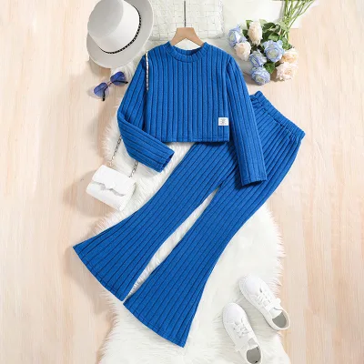 Girls' Spring and Autumn New Collection, Mid Sized Children's Pit Striped Long Sleeved Top, Flared Pants, Knitted Two Piece Set