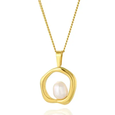 18K Real Gold Plated Stainless Steel Necklace Retro Niche Design Irregular Ring Pearl Pendant Link Chain Collar Jewelry Gift