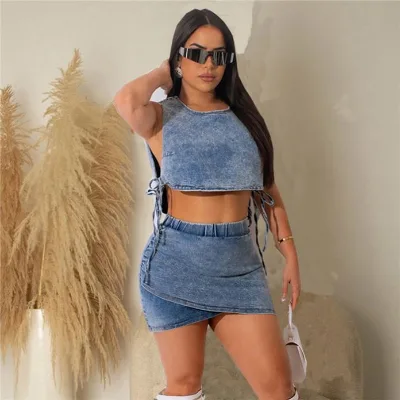 N9919-Blue Color Women Denim Two Piece Set Lace up Sleeveless Crop Top Mini Skirt Set