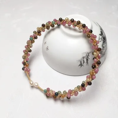 Wholesale Healing Energy Stone Bangles Natural Tourmaline Handmade Bead Wrist Jewelry Fashion Colorful Crystal Bracelet for Girl
