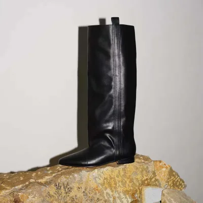 Original Designer Black Thick Heel Knee-High Boots Women's Cowhide Summer Slip-On Versatile Pointed Toe Large Tube Knight