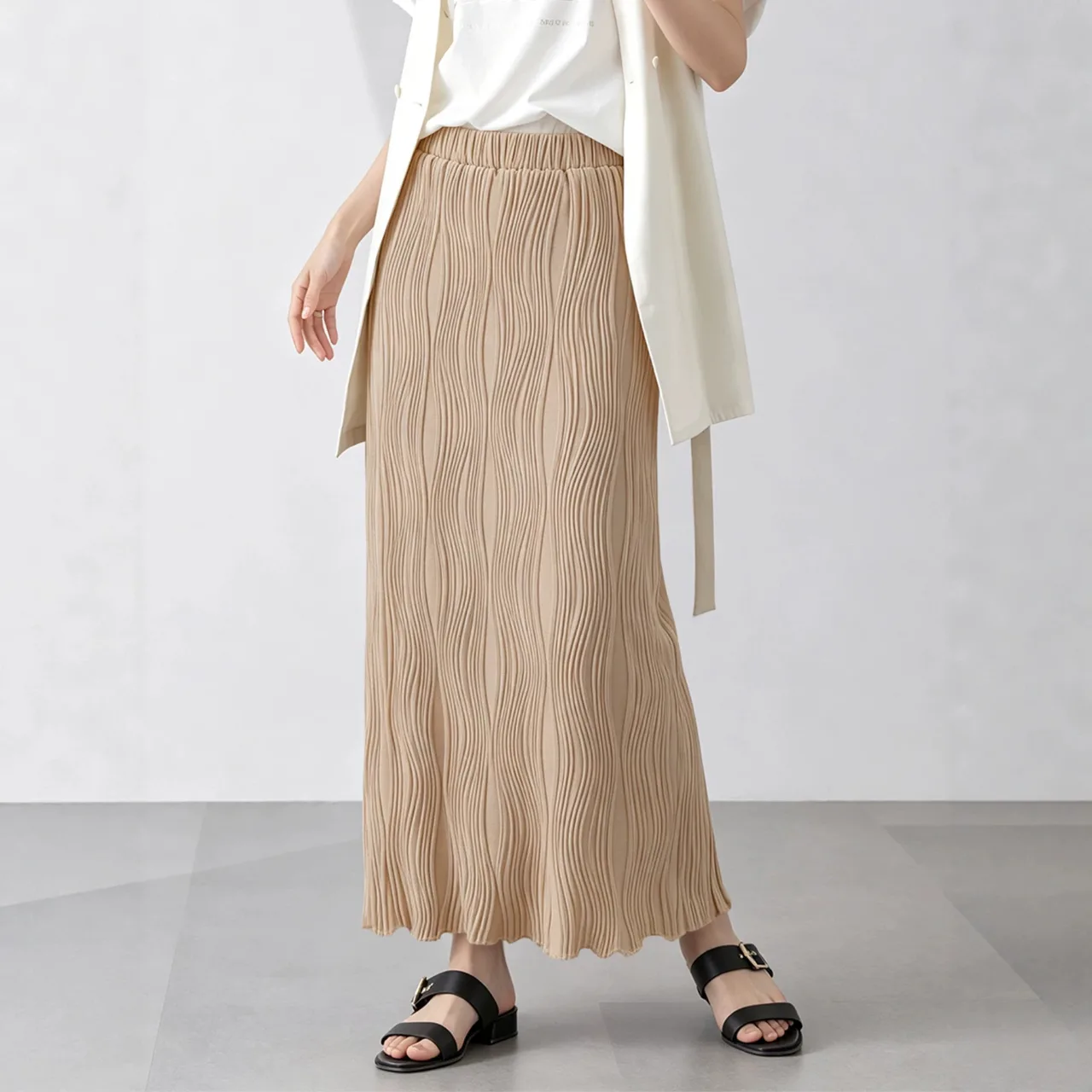 Women Textured Wavy Pleated Midi Skirt Elastic High Waist a Line Long Skirt Casual Elegant Office Streetwear Wholesale
