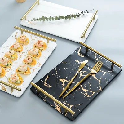 Top Quality Factory Price Marble Tray With Gold Handle White Marble Serving Tray