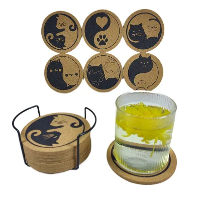 Eco Friendly Natural Soft Cork Coaster Set  Cute Cartoon Cat Paw Pattern Heat Resistant Drink Cup Coaster for Home Bar Decor