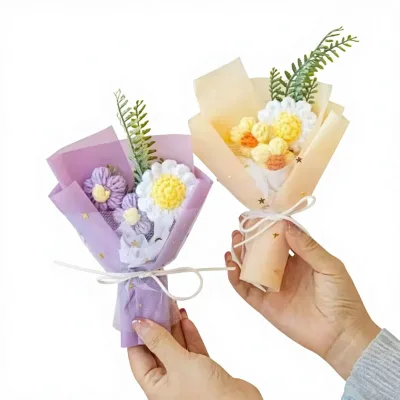 Artificial Handcrafted Knitted Puff Bouquet Sunflower Rose Yarn Flower Valentine's Day Hug Bucket Ornament Gift Decoration