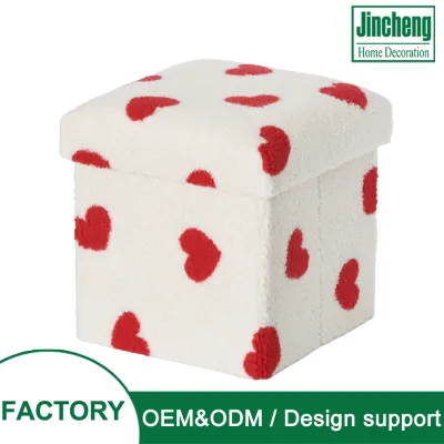 Custom Beige Foldable Storage Ottoman with Red Heart Pattern Collapsible Seating Stool with Lid for Bedroom and Living Room