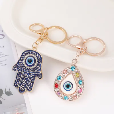 Creativity Retro Fatima Evil Eyes Keychain Blue Devil's Eye Bag Purse Keychains Bling Rhinestones Good Luck Amulet Metal Fashion