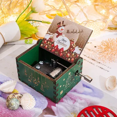 Custom Mini Eco-friendly Retro-Style Christmas Hand-Cranked Music Box 30s Sound Duration Square Shape Exquisite Painted Design