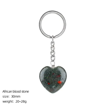 30mm Factory Direct Sale OEM Custom Natural Crystal Heart Keychain Assorted Healing African Blood Stone Key Charms Fast Shipment
