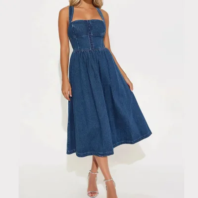 Plus Size Women Denim Dress Sleeveless Midi Sundress Flared A-Line Skirt High Waist Corset Style Retro Blue Summer Clothing