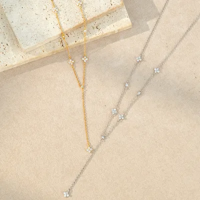 925 Sterling Silver Marquise Zircon Four Leaf Clover Lariat Y Long Tassel Chain Necklace