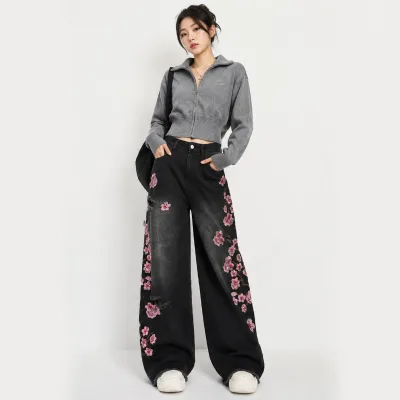 Custom Wholesale Women's American Street Style Distressed Embroidered Wide Leg Loose All-Season Denim Jeans Long Pants Casual