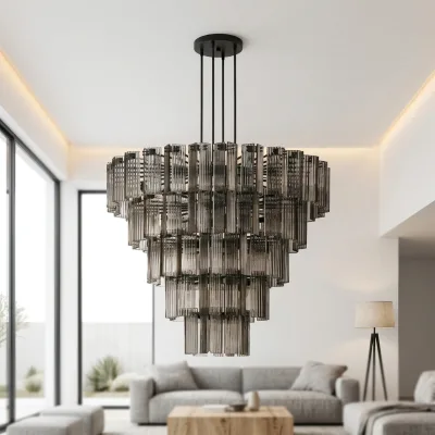 Modern Tiered Smoke Glass Chandelier Polished Nickel Ceiling Pendant Light for Hotel Project Villa Wholesale
