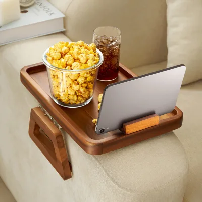 Acacia Wood Sofa Armrest Tray With 360°Rotating Phone Holder Wide Couch Arm Table and Side Tables Clip-on Couch Table Bracket