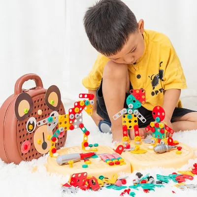 Leemook Kids STEM Educational Activities Game Tool Building Toys Kit Creative Mosaic Puzzle Electric Drill Screw Carrying Case