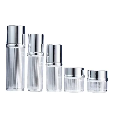 Refillable Luxury Acrylic Cosmetic Container Electroplated Vertical Striped Lotion Pump Bottle Cream Jar for Skincare Packaging
