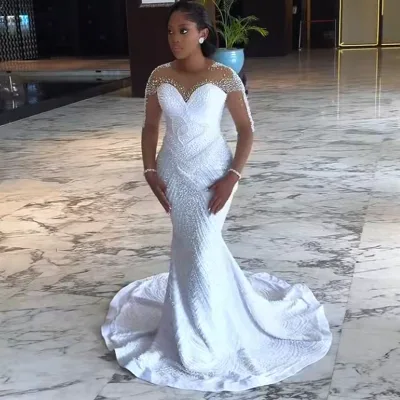 Customized 2026 New Plus Size Mermaid Bridal Gowns Bride Illusion Long Sleeves Beaded Lace Pearls Wedding Dress