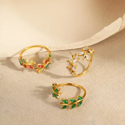 French Vintage Openable Adjustable Rings Leaf 18k Gold Plated Stainless Steel Colorful Zirconia Ring with Zirconia