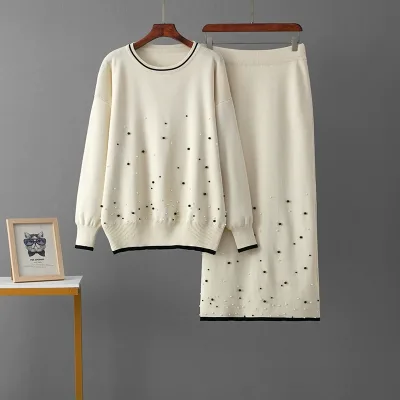 Women Suits 2 Piece Fashion French High-Waist Knit Top Skirt Set Pearl Embellished Two-Piece Casual Outfit 2 Pieces Ladies Dress
